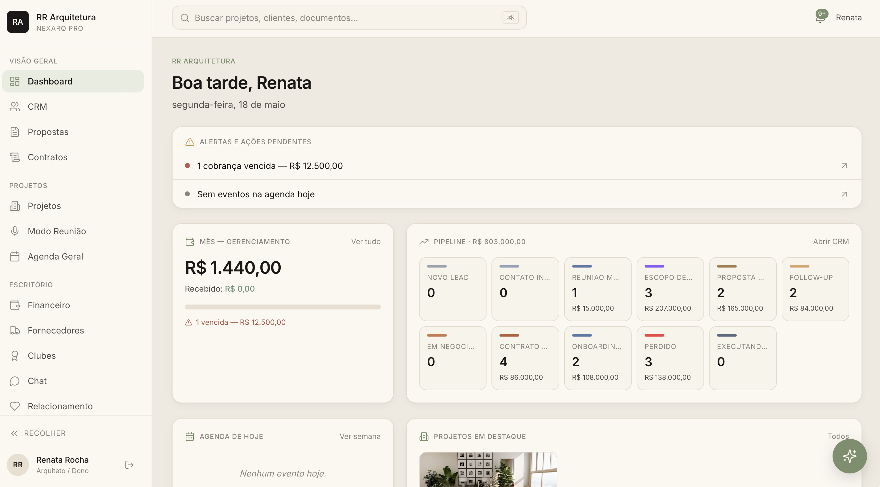 Painel NexArq · visão geral da operação do escritório