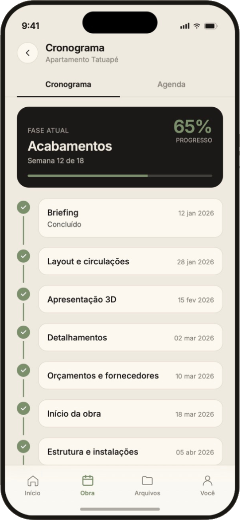 Cronograma da obra no app do cliente