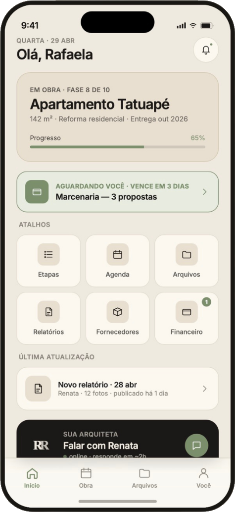 Tela inicial do app do cliente com a identidade do escritório