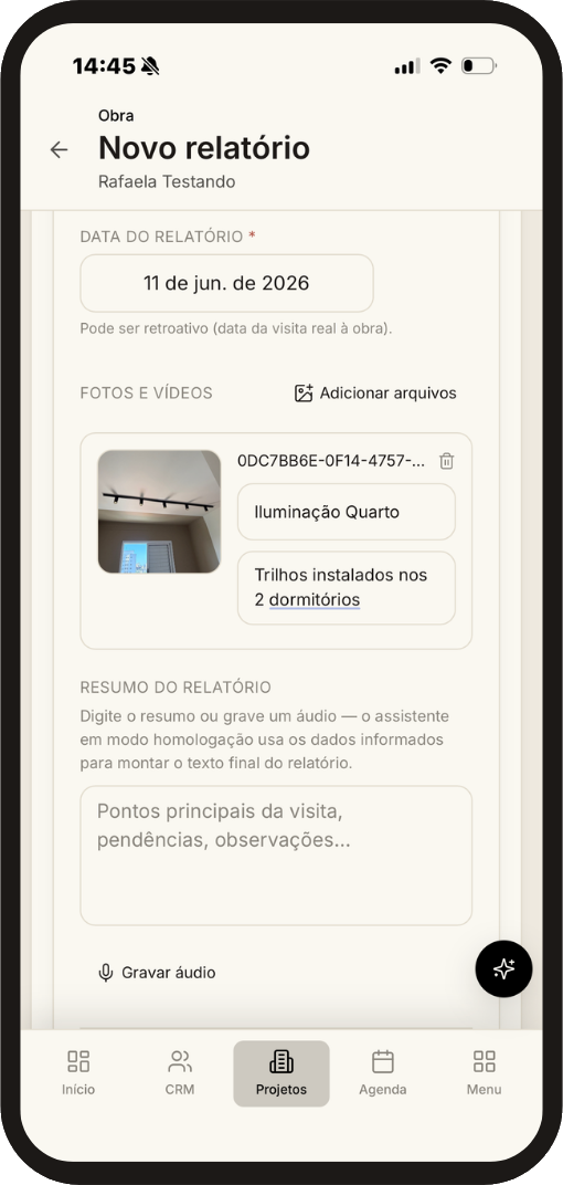 Relatório de obra no app do cliente